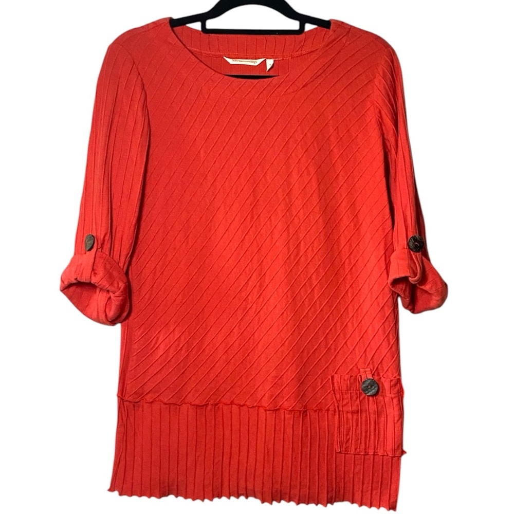 Soft Surroundings Tunic Top Small Red Orange Boho Artsy Roll Tab Shirt 2CK37